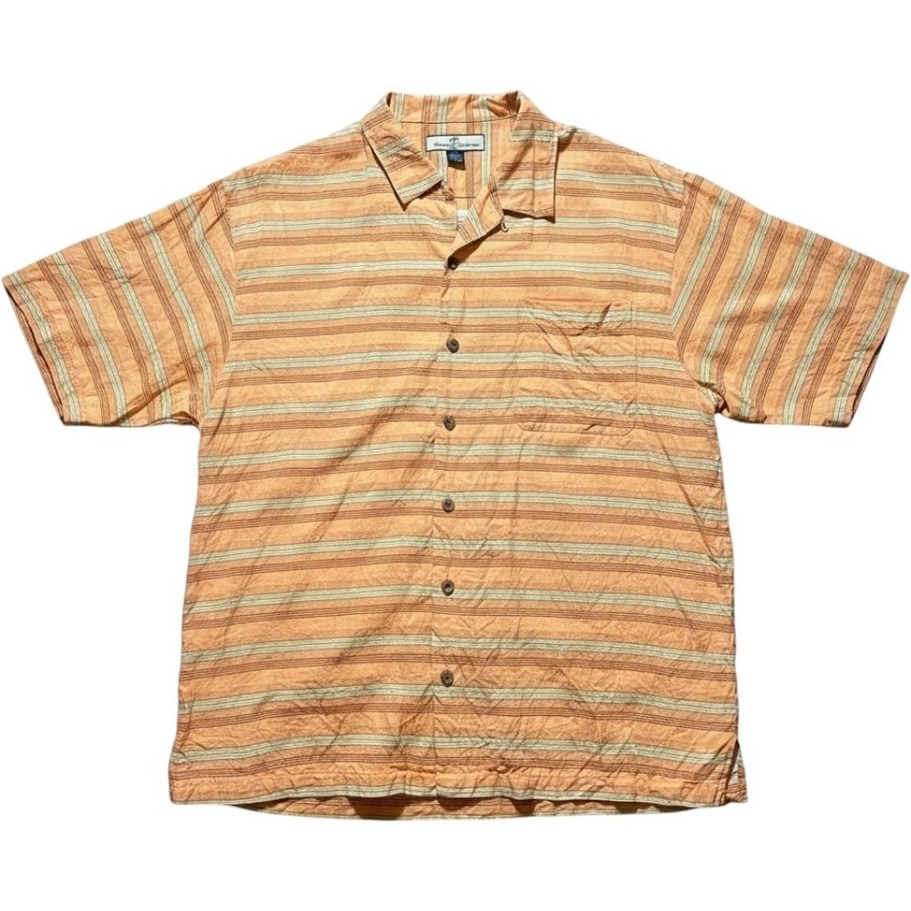 Tommy Bahama Mens Large Orange Striped 100% Silk Short‎ Sleeve Camp Shirt